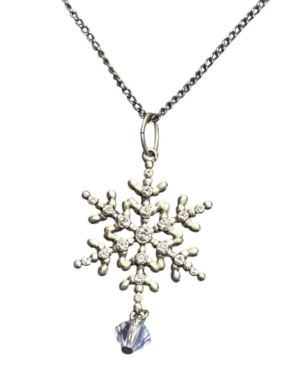 Vtg 80s Silvertone Clear Rhinestone Snowflake Pendant Necklace Bead Pendant